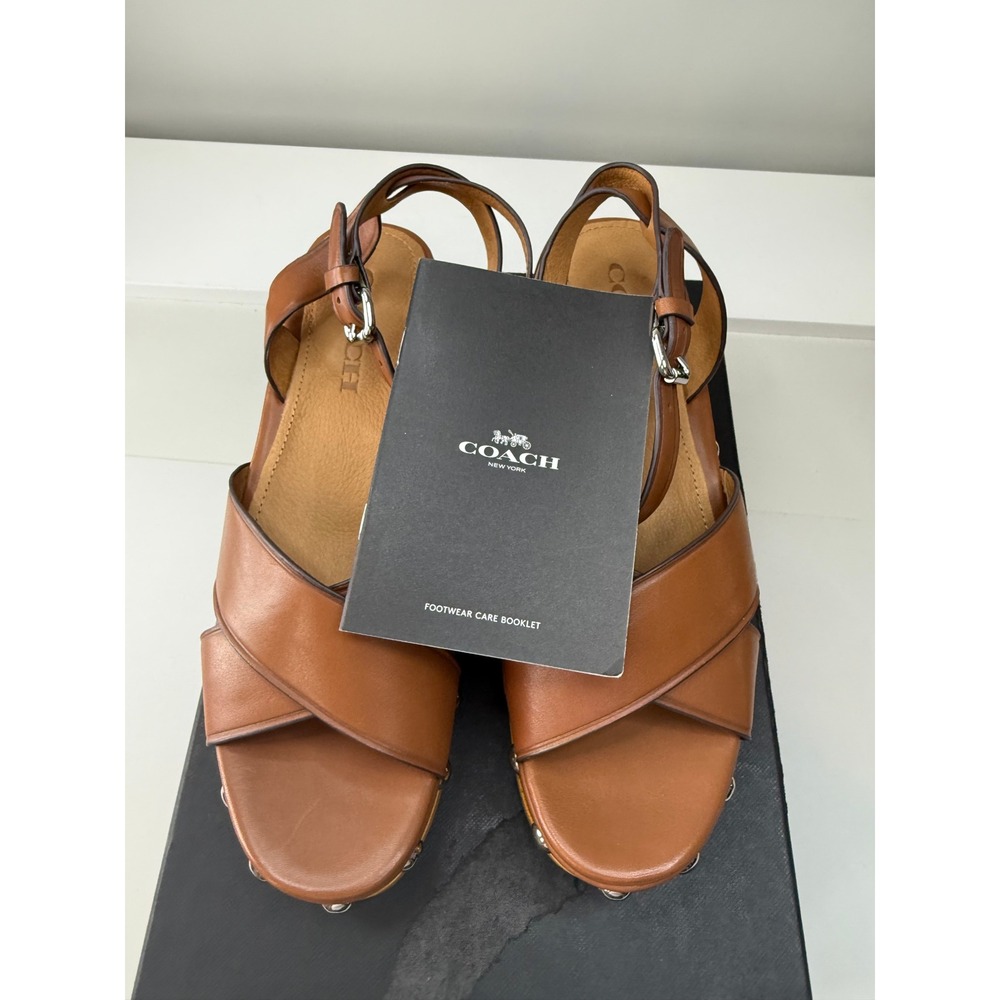 Coach Astor Saddle Brown Leather Studded Wooden Platform Sandals 8M Q8952 NEW - Picture 5 of 7